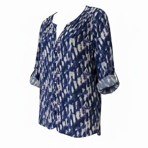 Rose + Olive Womens 2X Navy Purple Abstract Smocked 3/4 Sleeve Button Blouse